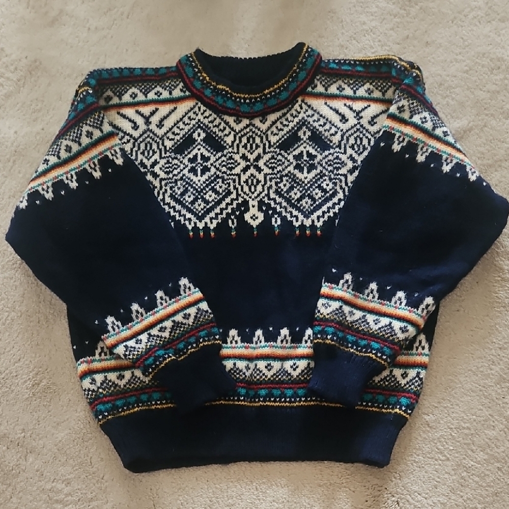 Dale of Normay Vintage Wool Navy Patterned Sweater Unisex Modern Day Small